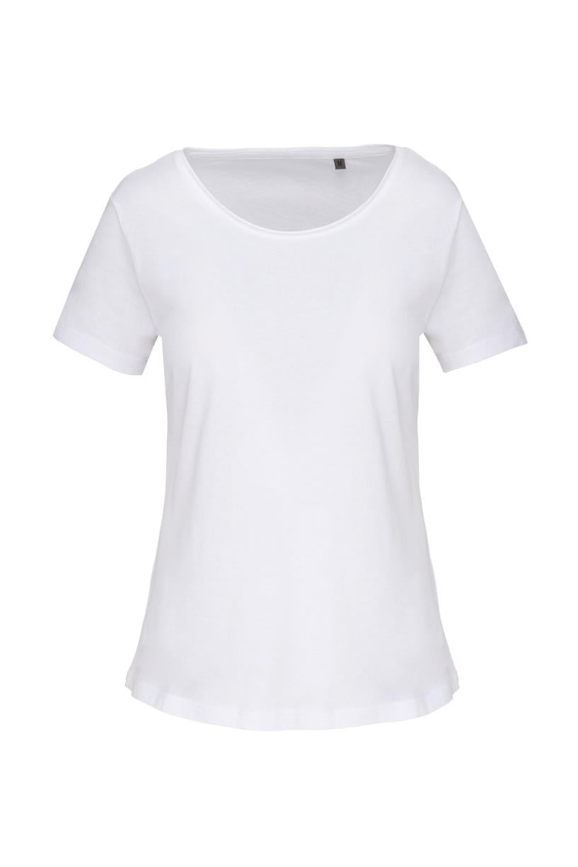 Bio dames-t-shirt kraag met onafgewerkte rand korte mouwen