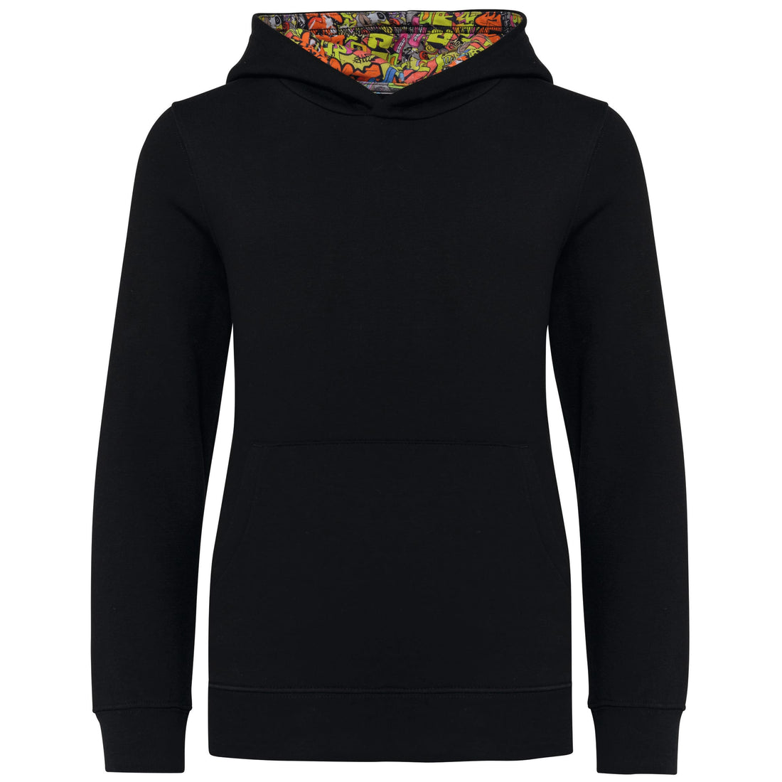 Unisex kindersweater met contrasterende capuchon met motief