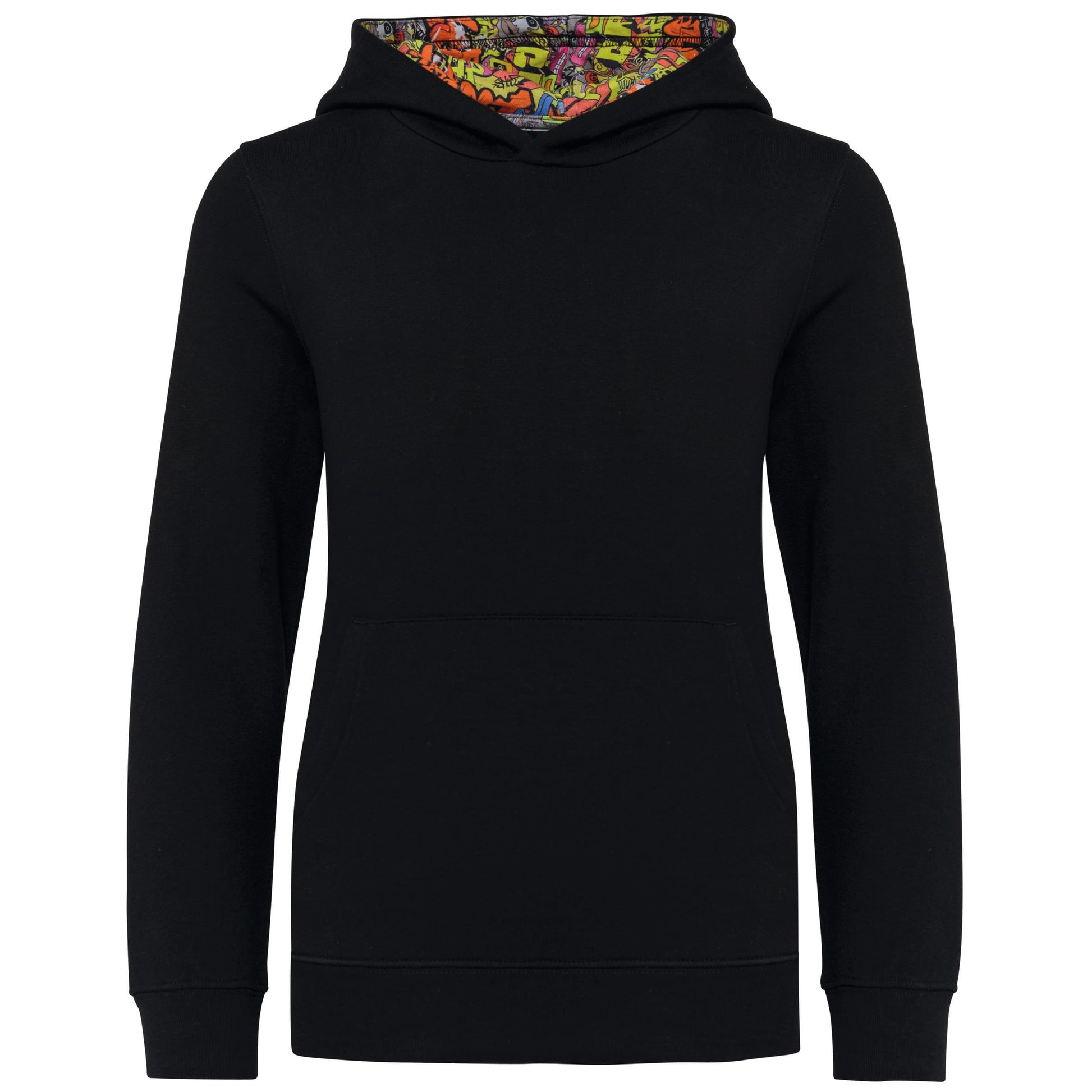 Unisex kindersweater met contrasterende capuchon met motief