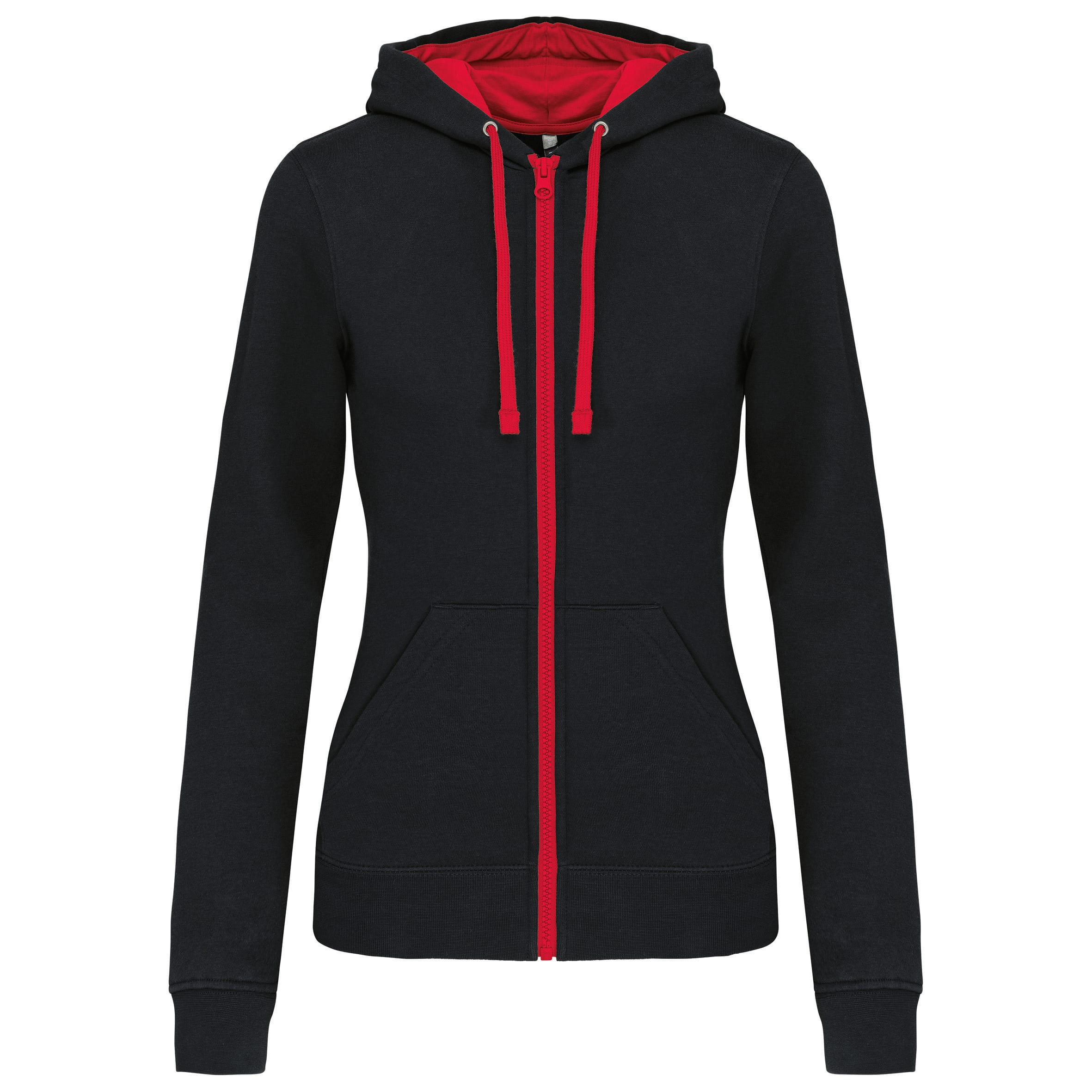 Damessweater met rits en capuchon in contrasterende kleur